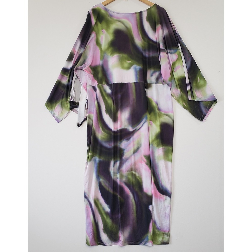 Eloquii Watercolor Marble‎ V Neck Dress Womens Size 20 Pink Green Kimono Sleeve - Picture 4 of 10